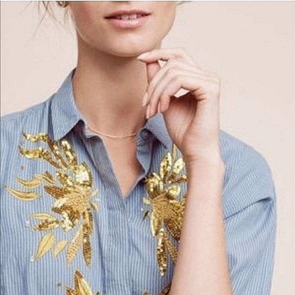 Anthropologie Maeve Gold Sequin Poplin Buttondown Blouse Blue Stripe-Size 2 - Picture 5 of 17